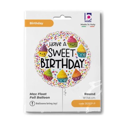 Cupcake SWEET B-DAY 18"/46cm kruh fóliový balónek nafukovací - 26282p-ppackaged-p.jpg