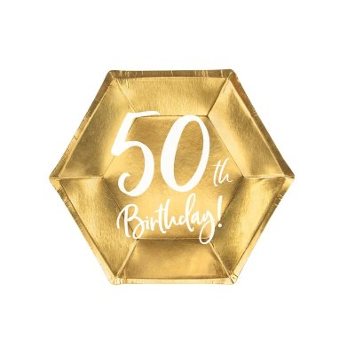Talířky papírové zlaté "50th Birthday" 20cm, 6ks
