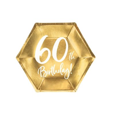 Talířky papírové zlaté "60th Birthday" 20cm, 6ks