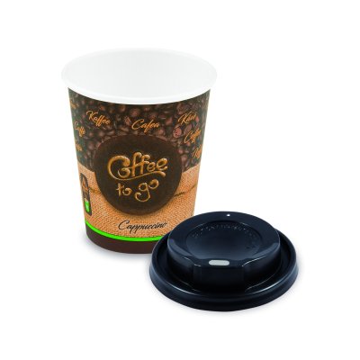 Papírový kelímek "Coffee to go" 80mm 280ml `M: 0,2L/8oz` + víčko černé (10 ks)