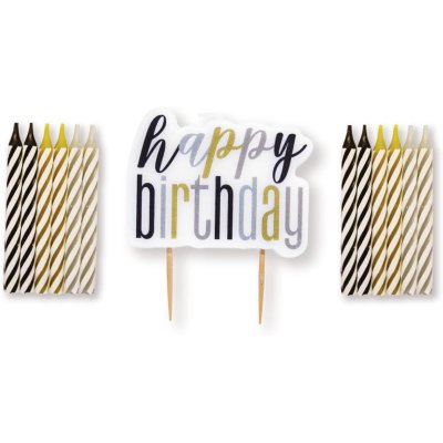 Set svíček - černo-stříbrno-zlaté Happy Birthday! 13ks