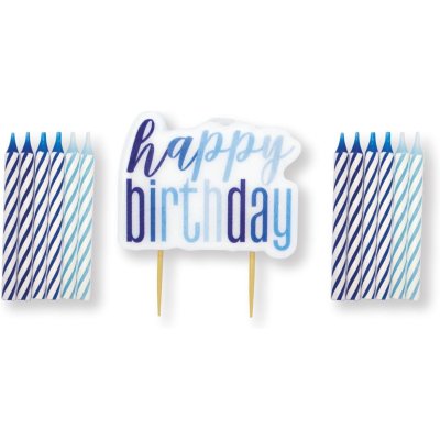 Set svíček - modro-bílý Happy Birthday! 13ks