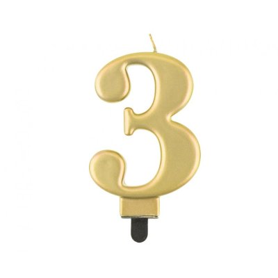 Svíčka dortová číslo 3 zlaté metalické, 8cm