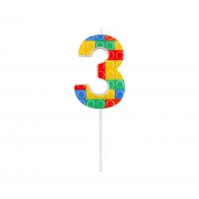 Svíčka dortová číslo 3 STAVEBNICE barevná 10,5cm