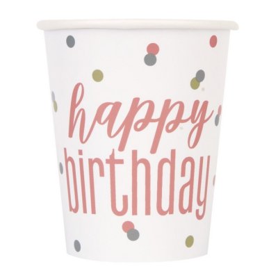 Kelímky papírové - Happy Birthday - rosegold s tečkami 8ks