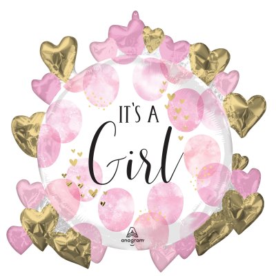 Kruh - It´s a Girl - růžovo-zlatá srdíčka 66x60cm - fóliový balónek