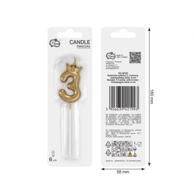 Svíčka dortová číslo 3 zlatá s korunkou, 6cm - 102789.jpg