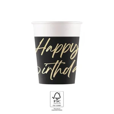 Kelímky papírové EKO "Happy Birthday" černé 200ml, 8ks