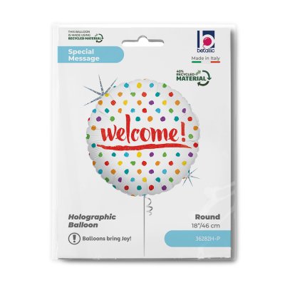 Kruh "Welcome!" barevné puntíky 18"/46cm fóliový balónek - 36282h-p-b.jpg