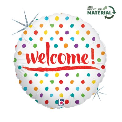 Kruh "Welcome!" barevné puntíky 18"/46cm fóliový balónek