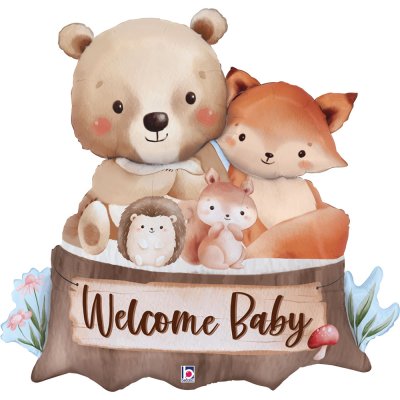 Pařez se zvířátky "Welcome Baby" 34"/86cm fóliový balónek