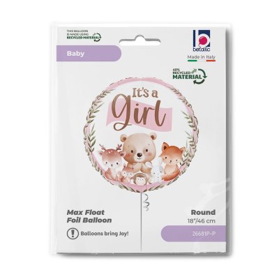 Kruh "It´s a Girl" lesní zvířátka 18"/46cm fóliový balónek - 26681p-p-b.jpg