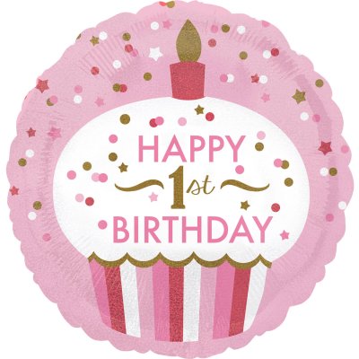 Kruh růžový "Happy 1st Birthday 45cm fóliový balónek