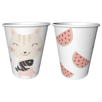 Kelímky papírové s kočkou a melouny 240ml, 6ks