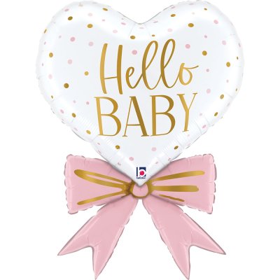 Srdce s růžovou mašlí "Hello Baby" 30"/76cm fóliový balónek