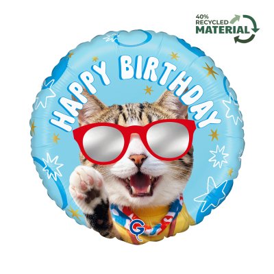 Kruh - Cool kočka HB 18"/46cm fóliový balónek - g78248-r18-cool-cat-birthday-rm-b.jpg