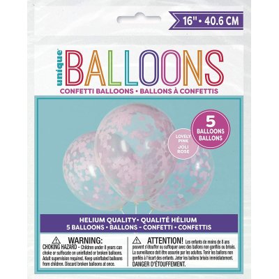 Balónek transparentní 41cm potisk - srdíčka růžové konfety, 5ks