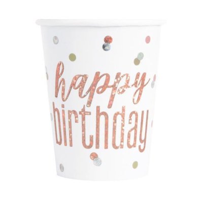 Kelímky papírové - Happy birthday - rosegold s tečkami, 8ks