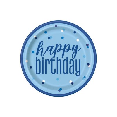 Talířky papírové EKO - Happy Birthday - modré s tečkami 23cm, 8ks